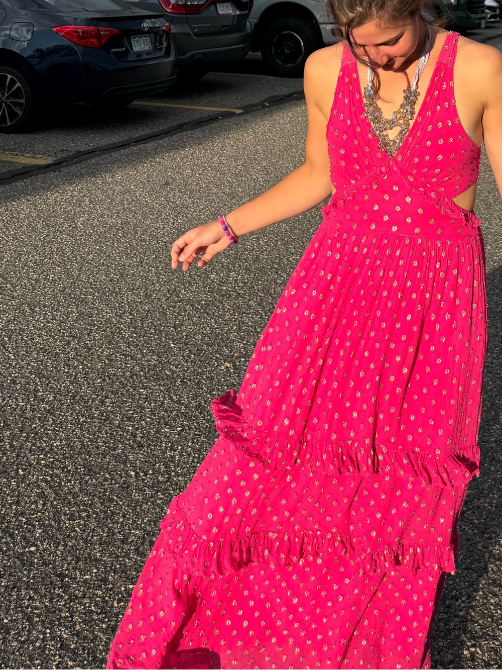 En Creme Hot Pink Tiered Ruffle Maxi Dress